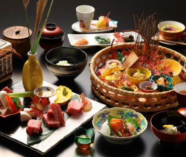 Assorted multi-course kaiseki dishes arranged on lacquerware at Hotel Tamanoyu, Nagano, Chūbu