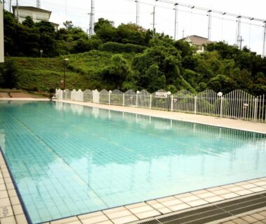 Outdoor tiled pool with fence and hillside greenery at Hotel Tenzankaku Kaiyutei Wakayama