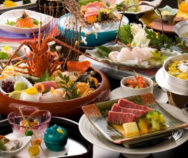 Assorted Japanese dishes with sashimi and lobster at Hotel Tenzankaku Kaiyutei, Wakayama