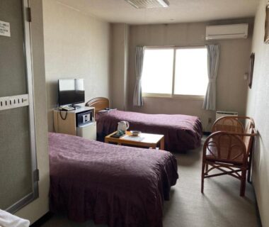 Twin beds, small TV and seating in a compact room at Hotel Tetora Yunokawaonsen, Hokkaido