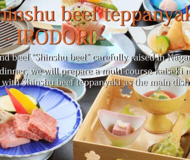 Assorted teppanyaki dishes with Shinshu beef at Hotel Tsubakino in Nagano, Chubu, Japan