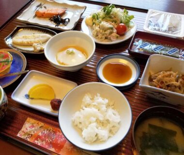 Assorted Japanese breakfast with rice, grilled fish, miso soup and pickles at Hotel Uguisu, Iwate