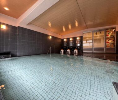 Tiled indoor onsen pool with shower stations and wooden ceiling at Hotel Uzuraya, Nagano