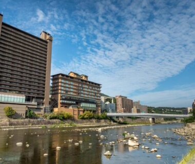 Riverfront hotel facades along the river near Hotel Wakamizu in Hyōgo Kansai