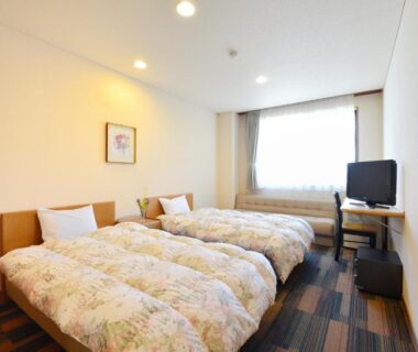 Twin beds with floral duvets, carpeted floor, desk and TV in Hotel Wellness Notoji room, Ishikawa Japan