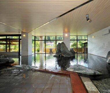 Indoor onsen with natural rock features and large windows facing a garden at Hotel Yumoto, Niigata