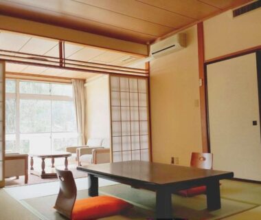 Traditional tatami room with low table, zabuton cushions and shoji screens at Hotel Yumoto, Niigata, Chūbu, Japan