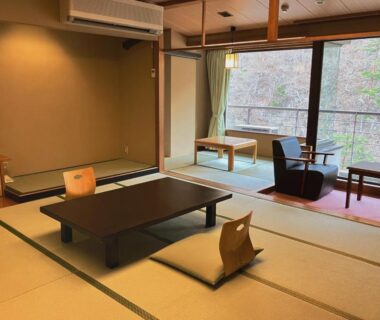 Tatami room with low table, floor chairs, window seating and balcony overlooking wooded hillside at Hotel Yunishigawa, Tochigi