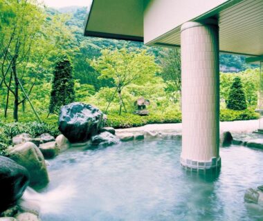 Covered outdoor hot spring bath overlooking a lush garden at Hotel Yunojin in Gunma