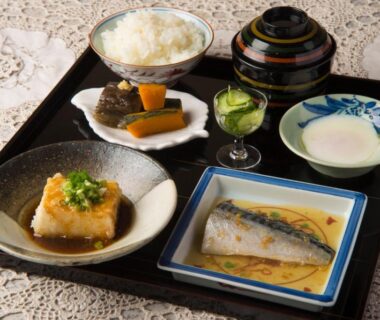Breakfast tray with rice, grilled fish and tofu at Hotobil B&B 潤 in Nara, Kansai