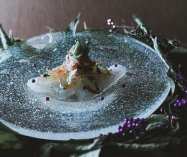 Glass plate with delicate garnish, herbs and purple berries at Hotorinite, Chūbu Yamanashi