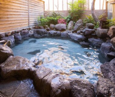 Rock-lined onsen bath with wooden fence and plants at Hozanso Beppu, Ōita, Kyūshū
