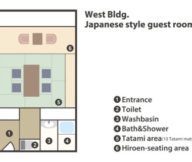 Floor plan showing entrance, toilet, washbasin, bath, 10-tatami area and hiroen seating