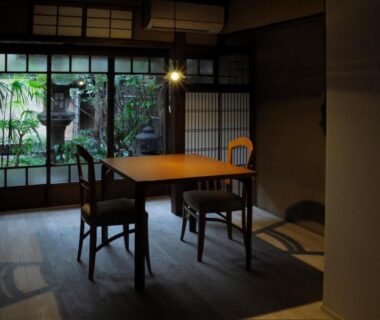 Table and chairs by shoji screens with garden view at IZUYASU in Kyoto