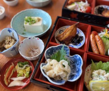 Assorted small Japanese dishes including tofu, pickles, and grilled items at Ichifukuso Saga Kyushu