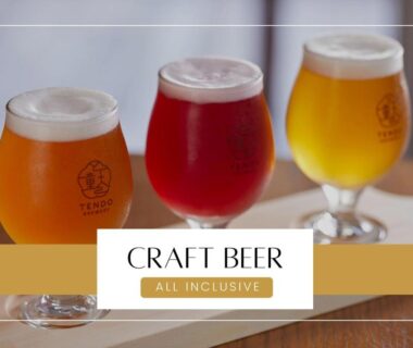 Three craft beer glasses in a tasting flight at Ichiraku Tendo Spa & Brewery, Yamagata, Tōhoku, Japan