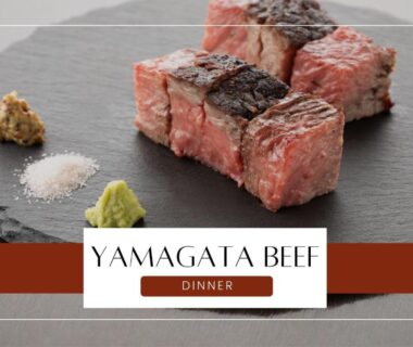 Cubed Yamagata beef with salt and wasabi on slate, Ichiraku Tendo Spa & Brewery, Yamagata