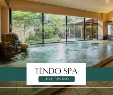 Indoor hot spring bath with rock features and garden view at Ichiraku Tendo Spa, Yamagata