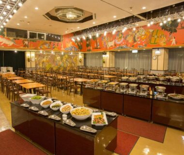 Expansive buffet dining room with prepared dishes and banquet seating at Ikaho Grand Hotel, Gunma, Kantō