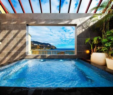 Indoor onsen bath with large window framing coastline, tiled pool, skylight and potted plants at Inatori Akao Hotel Shizuoka