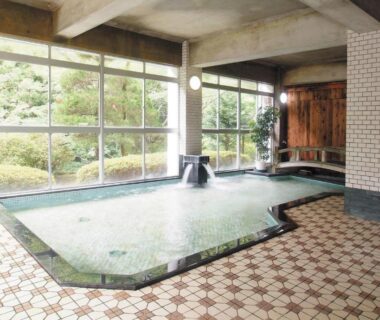 Indoor bathing pool with garden views at Irori Houraku Hyōgo prefecture Kansai