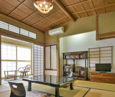 Traditional tatami room with low table and shoji at Irorinoyado Ashina in Fukushima, Tōhoku