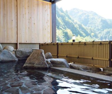 Rock-lined onsen pool with bamboo fence and mountain views at Iruka Onsen Hotel Seiryuusou, Mie, Kansai