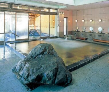 Large indoor onsen with central rock, tiled floor, wash stations and windows overlooking greenery