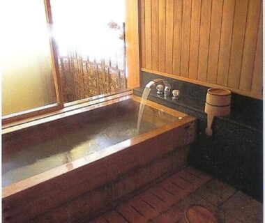 Wooden indoor bath with stools at Ise Todaya Ryoan in Mie, Kansai, Japan