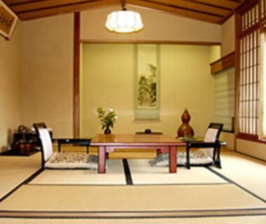Traditional tatami room with low table and tokonoma at Ise Todaya Ryoan, Mie, Kansai region