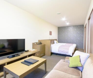 Spacious Western-style room with bed, sofa, low table and television at Isegekusando Iseshinsen, Mie