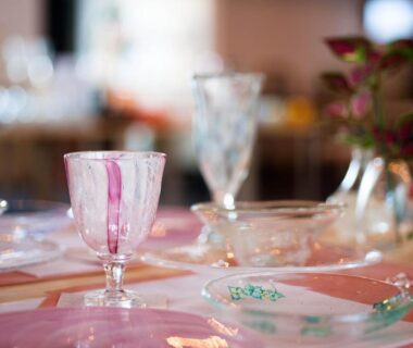 Elegant glassware and porcelain on dining table at Isegekusando Iseshinsen, Mie, Kansai
