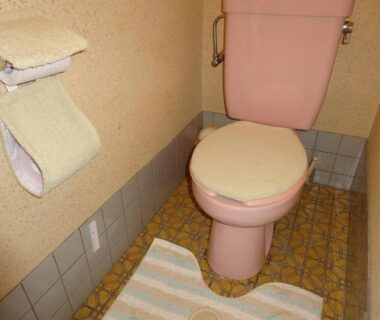 Small washroom with pink toilet, padded seat cover, tiled floor and striped bath mat