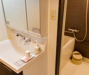 Compact bathroom with sink, mirrored cabinet and faucet, adjacent shower area with wash stool and bucket at Ishicho Kyoto