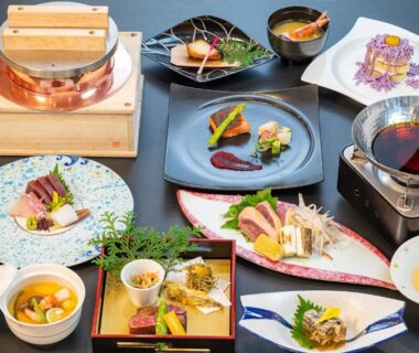 Assorted traditional Japanese multi-course dishes on lacquerware, served at Ishinoya Izunagaoka in Shizuoka, Chūbu Japan