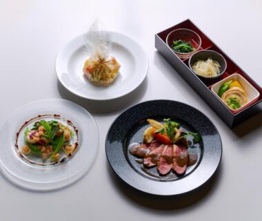 Assorted plated Japanese courses on table at Ishinoyu Lodge, Nagano, Chūbu region