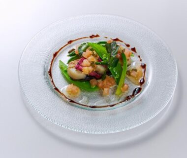 Plated dish with vegetables, garnish and sauce at Ishinoyu Lodge in Nagano Chūbu Japan
