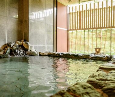 Stone-edged indoor onsen at Issinkan in Tochigi with wooden lattice windows and garden greenery