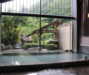 Indoor onsen bath facing landscaped garden at Itamuro Onsen Daikokuya, Tochigi
