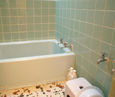 Bathroom with green wall tiles, bathtub, faucet and patterned floor tiles at Itaniya in Nara