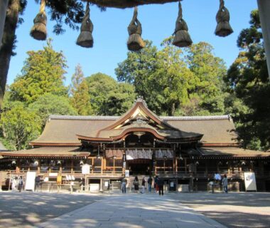Shinto shrine with shimenawa and timber hall near Itaniya ryokan in Nara, Kansai, Japan