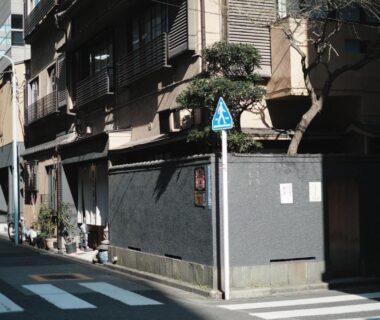 Exterior corner of Ito Ryokan on a quiet Tokyo street with gray wall and wooden entrance