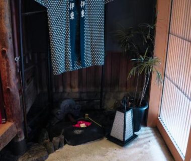 Hanging yukata with slippers in entry alcove at Ito Ryokan, Tokyo, wooden interior and shoji screen