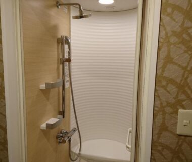 Compact shower stall with handheld shower and built-in seat in ryokan bathroom at Itoen Hotel Kusatsu Gunma