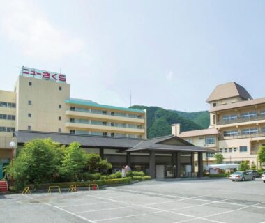 Front entrance and parking of Itoen Hotel New Sakura with mountain backdrop in Tochigi