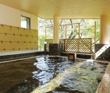 Indoor wooden onsen bath with large windows overlooking leafy garden at Itoen Hotel Shiobara, Tochigi