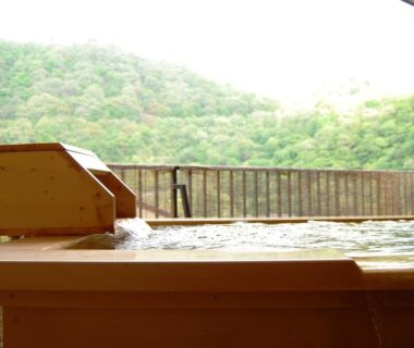 Wooden onsen bath overlooking forested valley at Iwaiyado Jyuan Nikko Kawaji onsen, Tochigi