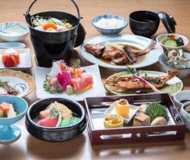 Assorted traditional Japanese multi-course meal served at Iwamotoro ryokan in Kanagawa
