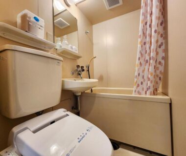 Compact toilet and unit bath with shower curtain at Iwanai Kogen Hotel in Hokkaidō