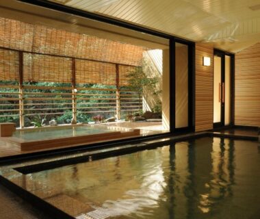Wood-paneled indoor onsen with garden view at Iwaso, Chūgoku Hiroshima Japan